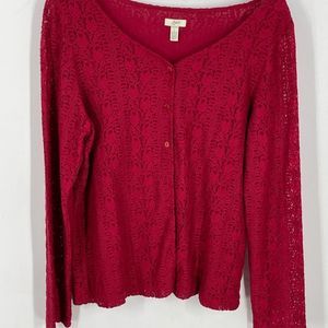 J.JILL Berry Red, LS v-neck top, Lined, solid with Feminine lace, L